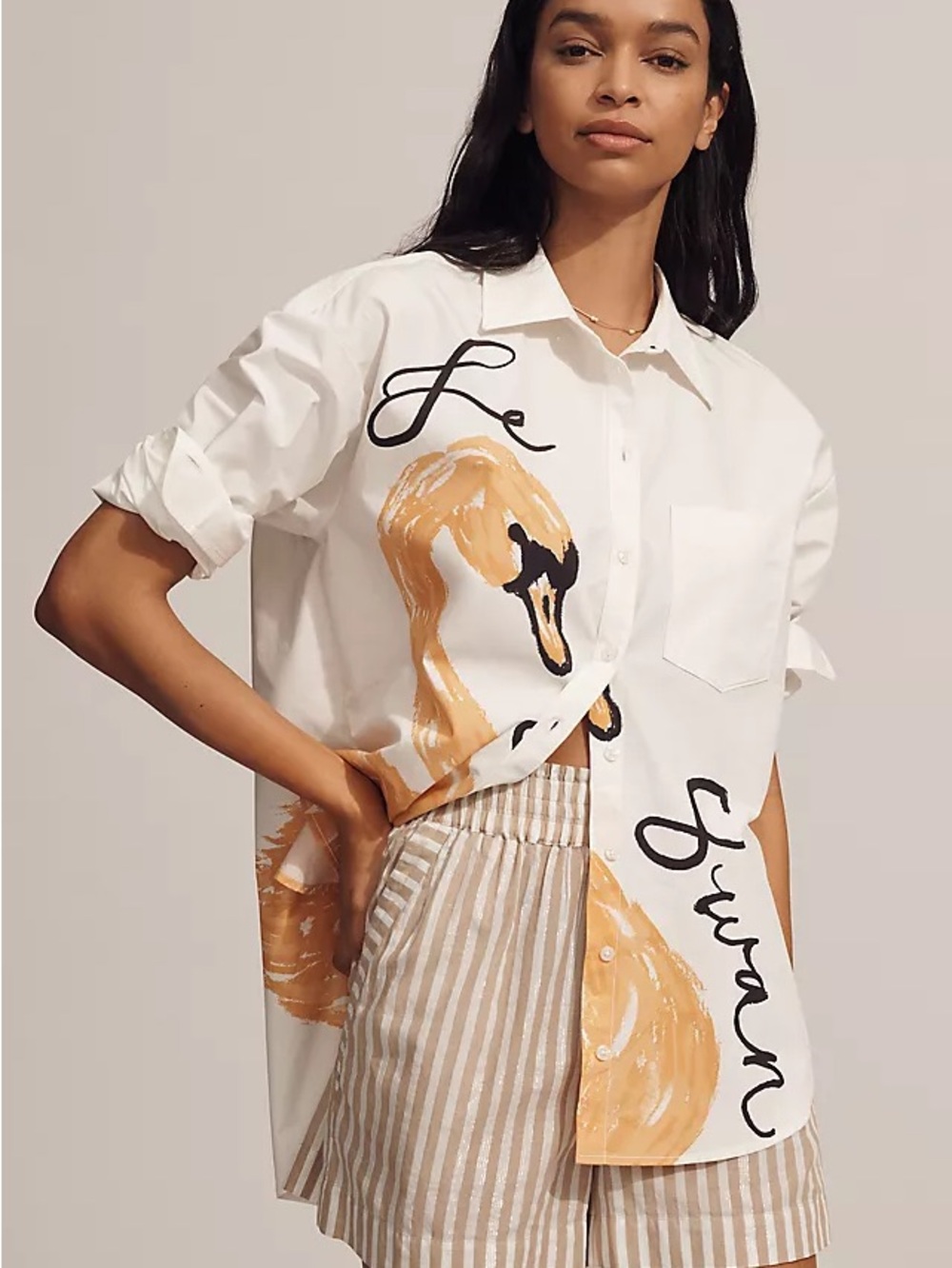NWT Maeve White Button-Down Shirt with Mustard Graphic Xlp